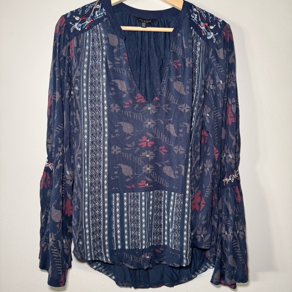 Lucky Brand Tops - Lucky Brand Top Medium Blue Square Stitch Print Embroidered V-Neck‎ Boho Peasant